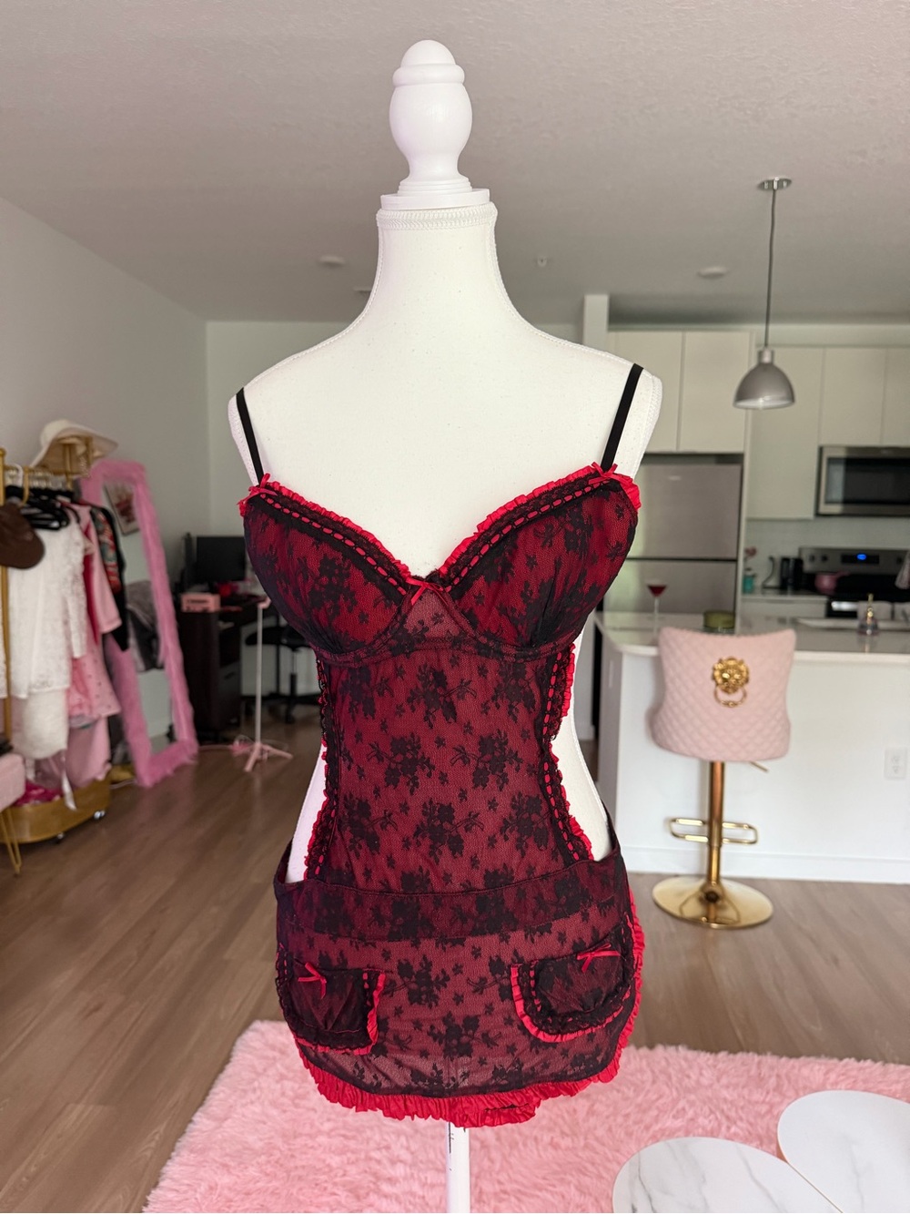 Victoria Secret Lace Y2K lingerie apron with Ruffle Trim and bow detail 36C